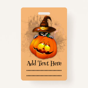 Halloween Cute Kitty Witch and Pumpkin Friend  ID Badge