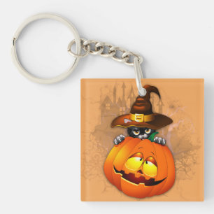 Halloween Cute Kitty Witch and Pumpkin Friend  Key Ring