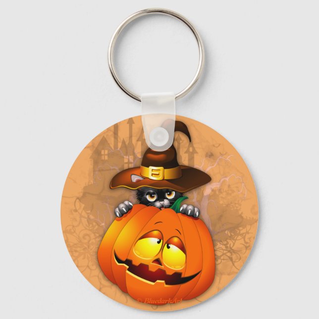 Halloween Cute Kitty Witch and Pumpkin Friend  Key Ring (Front)