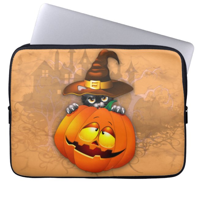 Halloween Cute Kitty Witch and Pumpkin Friend  Laptop Sleeve (Front)