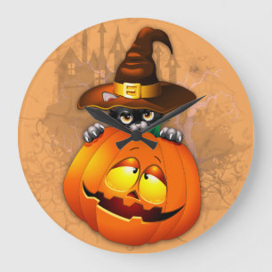Halloween Cute Kitty Witch and Pumpkin Friend Large Clock
