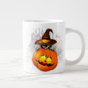 Halloween Cute Kitty Witch and Pumpkin Friend  Large Coffee Mug