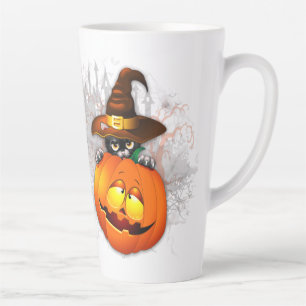 Halloween Cute Kitty Witch and Pumpkin Friend Latte Mug