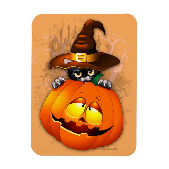 Halloween Cute Kitty Witch and Pumpkin Friend  Magnet (Vertical)