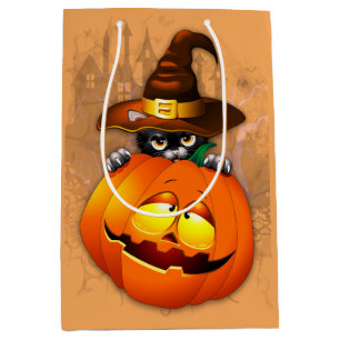 Halloween Cute Kitty Witch and Pumpkin Friend Medium Gift Bag