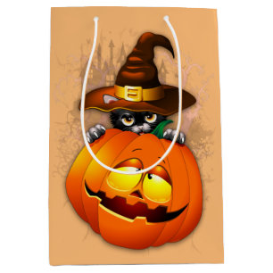 Halloween Cute Kitty Witch and Pumpkin Friend Medium Gift Bag