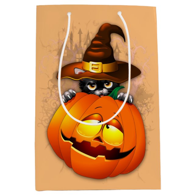 Halloween Cute Kitty Witch and Pumpkin Friend  Medium Gift Bag (Front)