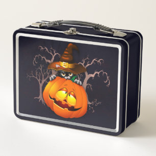 Halloween Cute Kitty Witch and Pumpkin Friend  Metal Lunch Box