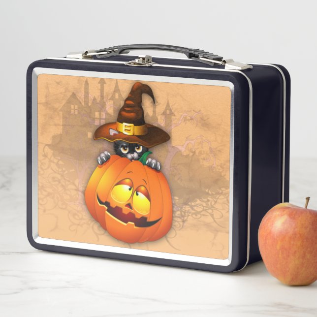 Halloween Cute Kitty Witch and Pumpkin Friend  Metal Lunch Box (In Situ)