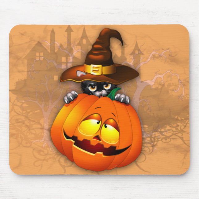 Halloween Cute Kitty Witch and Pumpkin Friend  Mouse Mat (Front)