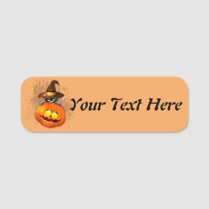 Halloween Cute Kitty Witch and Pumpkin Friend  Name Tag