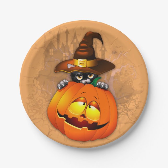 Halloween Cute Kitty Witch and Pumpkin Friend  Paper Plate (Front)