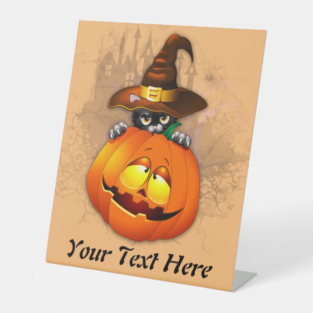 Halloween Cute Kitty Witch and Pumpkin Friend  Pedestal Sign (Front)