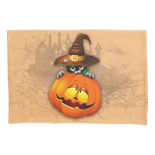 Halloween Cute Kitty Witch and Pumpkin Friend  Pillowcase (Front)
