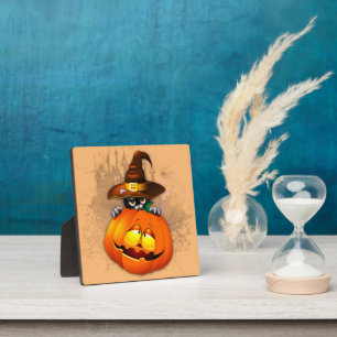 Halloween Cute Kitty Witch and Pumpkin Friend  Plaque