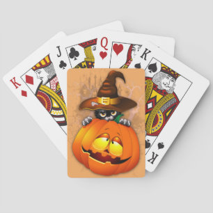 Halloween Cute Kitty Witch and Pumpkin Friend Playing Cards