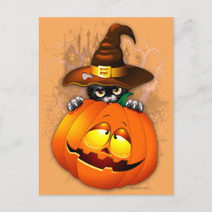 Halloween Cute Kitty Witch and Pumpkin Friend  Postcard