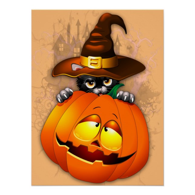 Halloween Cute Kitty Witch and Pumpkin Friend  Poster (Front)