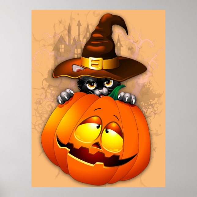 Halloween Cute Kitty Witch and Pumpkin Friend  Poster (Front)