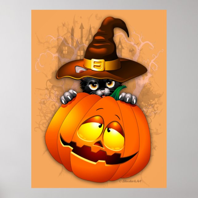 Halloween Cute Kitty Witch and Pumpkin Friend  Poster (Front)