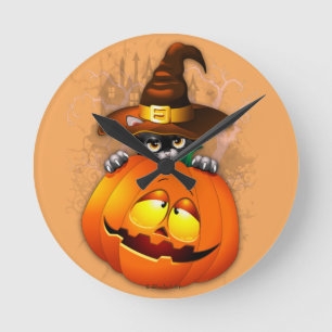 Halloween Cute Kitty Witch and Pumpkin Friend Round Clock