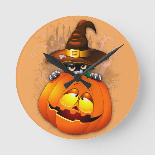 Halloween Cute Kitty Witch and Pumpkin Friend  Round Clock (Front)