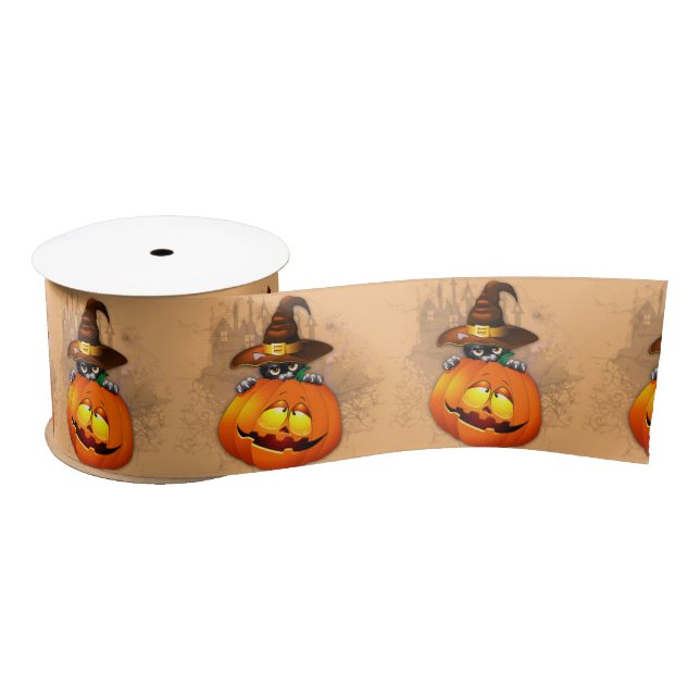 Halloween Cute Kitty Witch and Pumpkin Friend  Satin Ribbon (Spool)