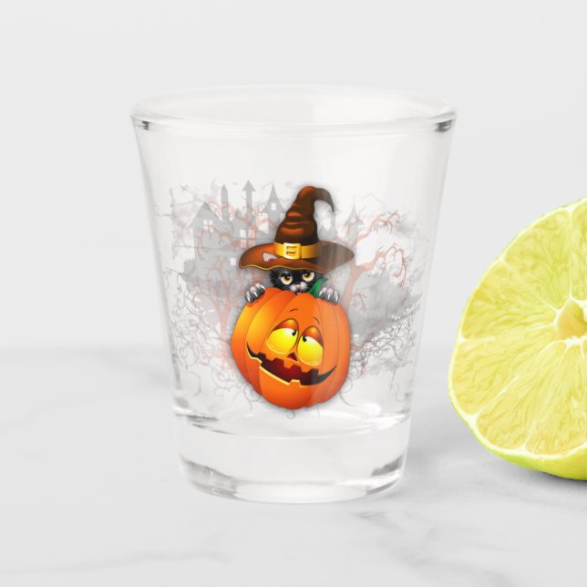 Halloween Cute Kitty Witch and Pumpkin Friend  Shot Glass (Front)