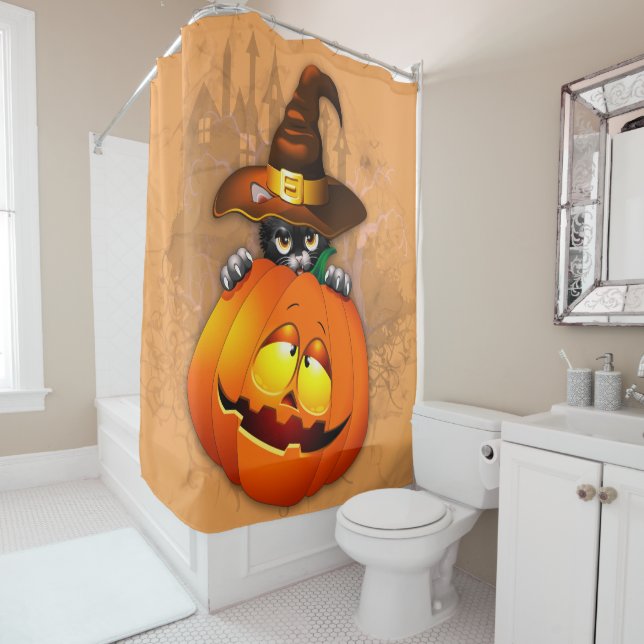 Halloween Cute Kitty Witch and Pumpkin Friend  Shower Curtain (In Situ)