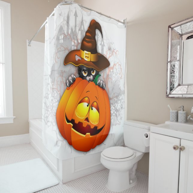 Halloween Cute Kitty Witch and Pumpkin Friend  Shower Curtain (In Situ)