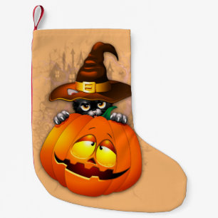 Halloween Cute Kitty Witch and Pumpkin Friend  Small Christmas Stocking