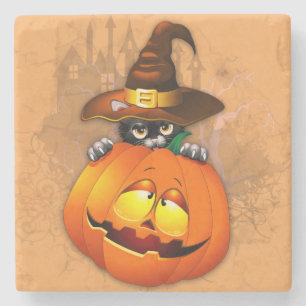 Halloween Cute Kitty Witch and Pumpkin Friend  Stone Coaster
