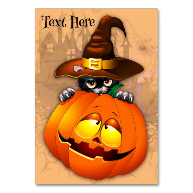 Halloween Cute Kitty Witch and Pumpkin Friend  Table Number (Front)