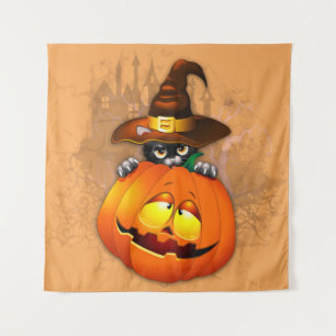 Halloween Cute Kitty Witch and Pumpkin Friend  Tapestry