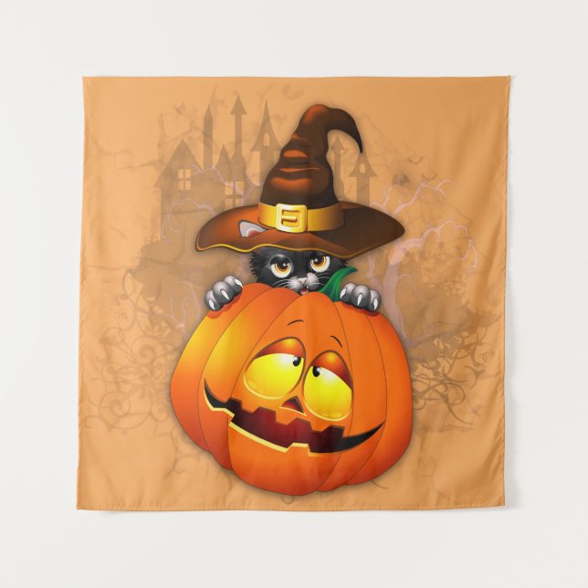 Halloween Cute Kitty Witch and Pumpkin Friend  Tapestry (Front)