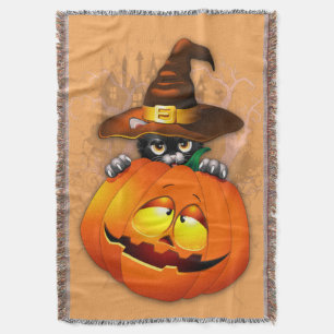 Halloween Cute Kitty Witch and Pumpkin Friend Throw Blanket