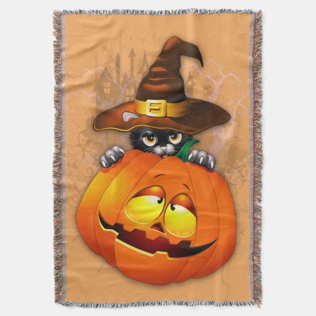 Halloween Cute Kitty Witch and Pumpkin Friend  Throw Blanket (Front Vertical)