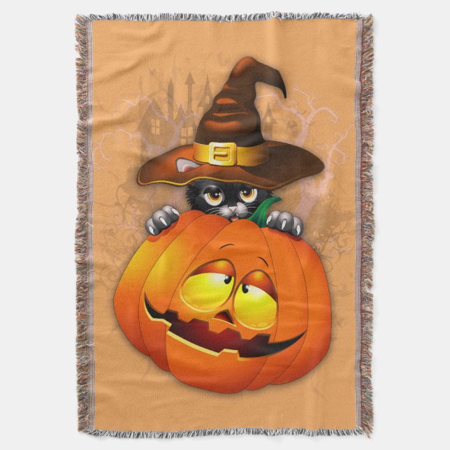 Halloween Cute Kitty Witch and Pumpkin Friend  Throw Blanket (Front Vertical)
