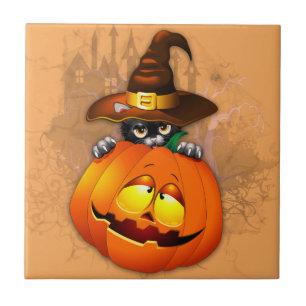 Halloween Cute Kitty Witch and Pumpkin Friend  Tile