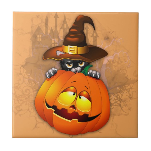 Halloween Cute Kitty Witch and Pumpkin Friend  Tile (Front)