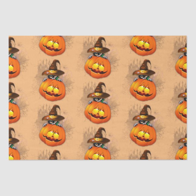 Halloween Cute Kitty Witch and Pumpkin Friend  Tissue Paper (Front)