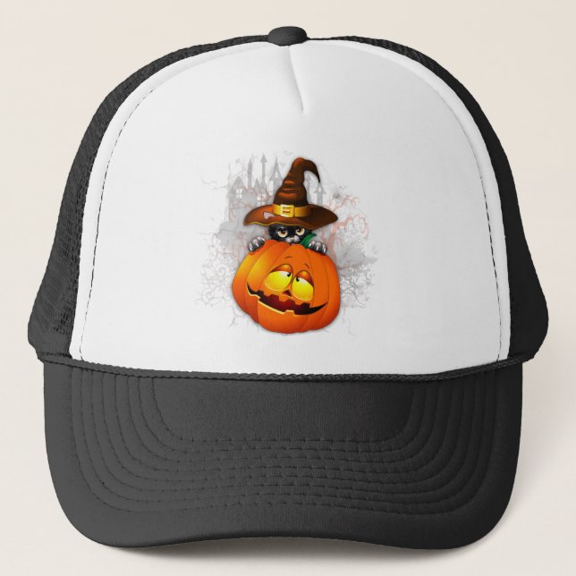 Halloween Cute Kitty Witch and Pumpkin Friend  Trucker Hat (Front)