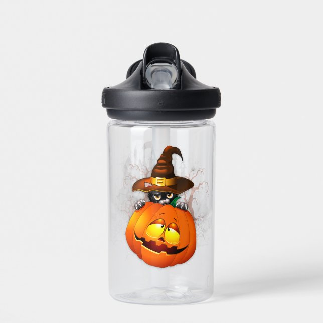 Halloween Cute Kitty Witch and Pumpkin Friend  Water Bottle (Front)