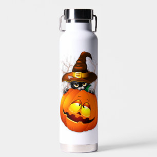 Halloween Cute Kitty Witch and Pumpkin Friend Water Bottle