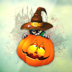 Halloween Cute Kitty Witch and Pumpkin Friend Window Cling