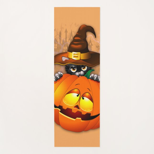 Halloween Cute Kitty Witch and Pumpkin Friend  Yoga Mat (Front)
