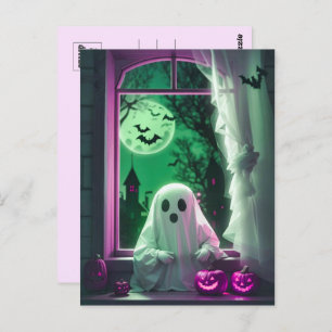 Halloween Cute Little Ghost By the Window Postcard