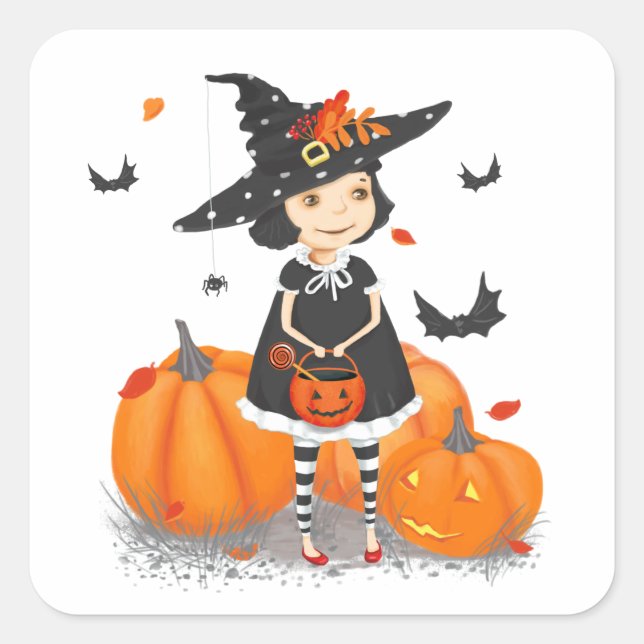 Halloween Cute Little Witch Square Sticker (Front)