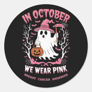 Halloween Cute Pink Ghost And In October We Wear Classic Round Sticker