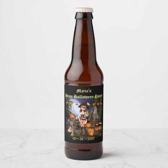 Halloween Cute Pirate Girl Beer Bottle Label (Front)